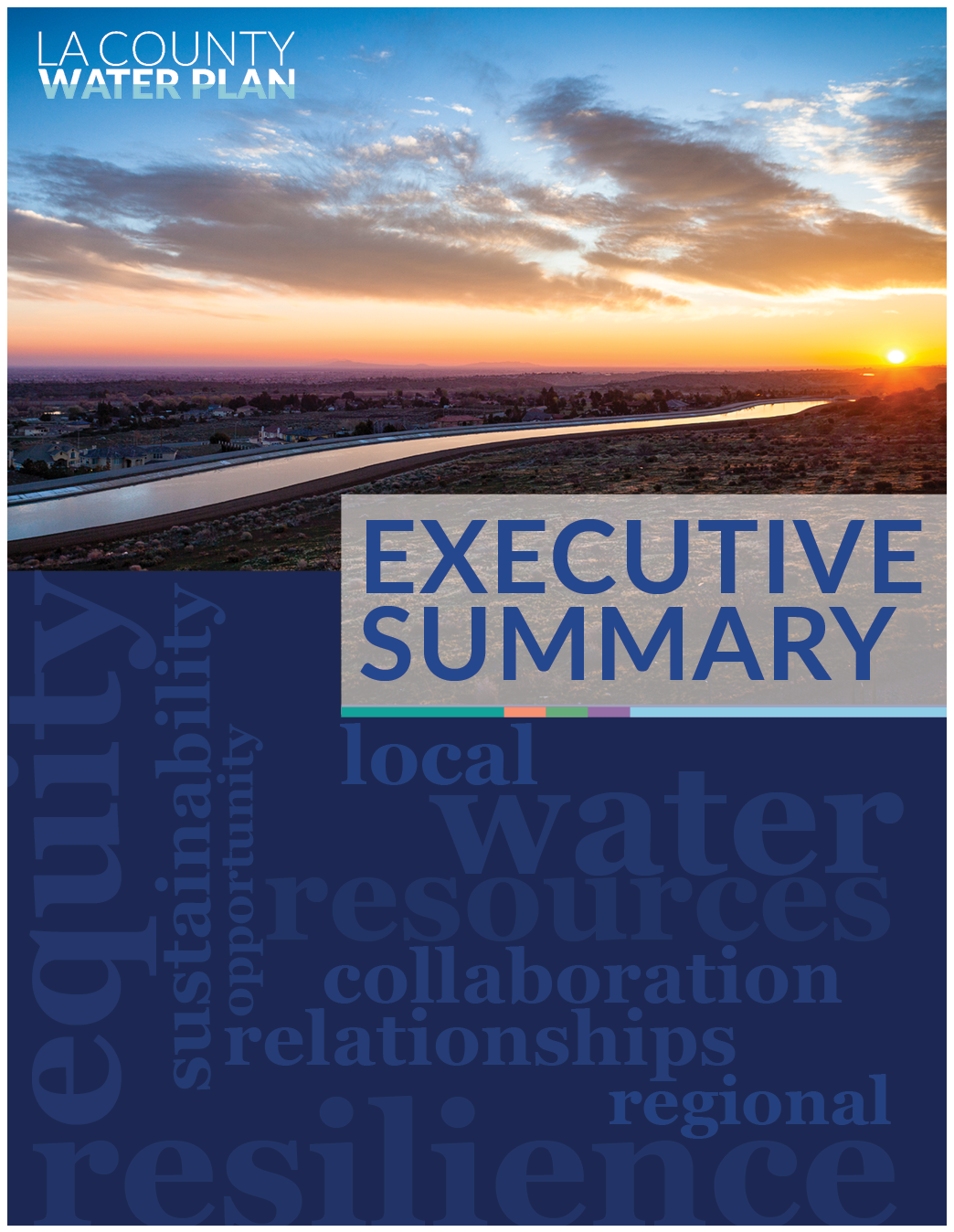 Thumbnail of the LA County Water Plan Executive Summary.  The top half of the cover has a picture of a sunset over a canal and the LA County Water Plan logo in the top left corner. The bottom half of the cover has words that describe the LA County Water Plan.   
